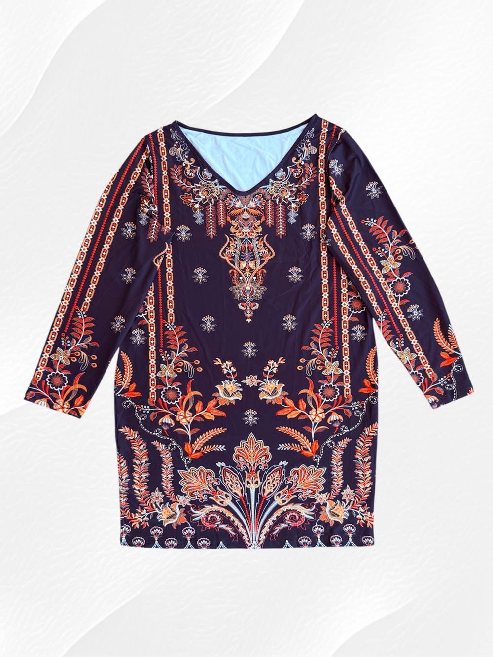 Multi-Color Floral Long Sleeve Black Stretch Knee Length Sheath Dress XXL